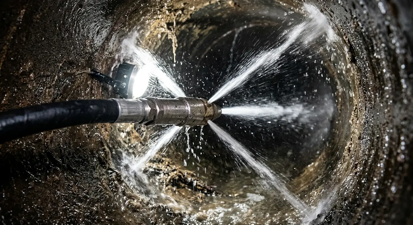 High-pressure hydro jetting nozzle cleaning sewer pipe for Trenchless Sewer Repair in Tullahoma