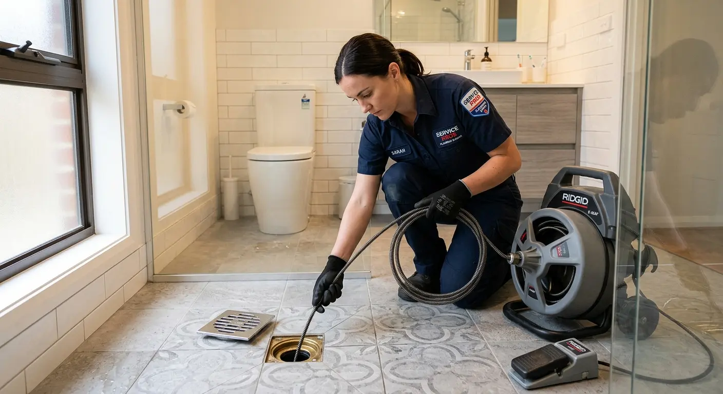 Technician clearing a bathroom floor drain for Drain Cleaning in Tullahoma